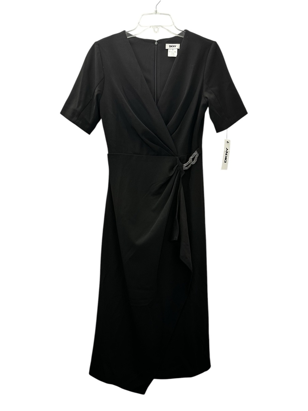 NWT DKNY Dress Black Faux Wrap Midi Knot Detail Short Sleeves Women’s Size 4